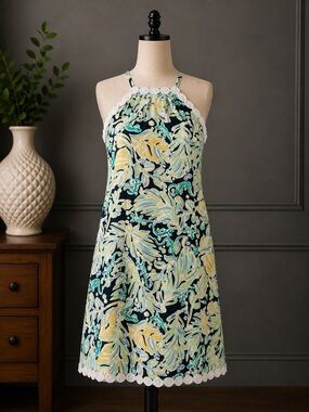 crown & ivy Navy Halter Mini Dress with Mint and Yellow Leaf Print